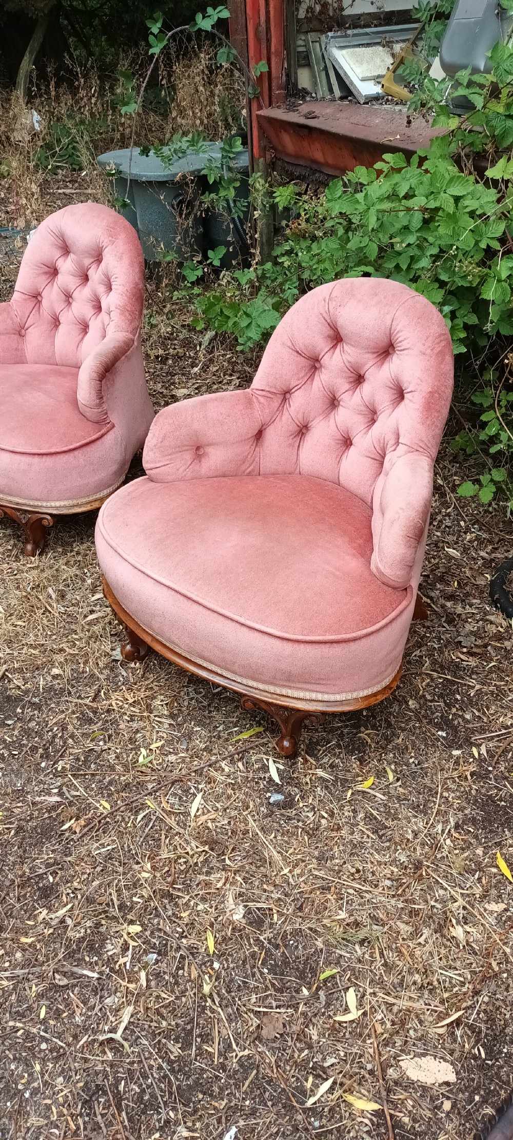 Pair of Victorian walnut frame Corner bedroom chairs.  View III