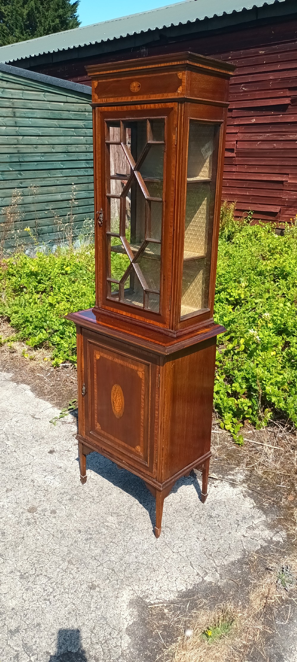 Edwardian inlaid mahogany 2 part display cabinet.  View V