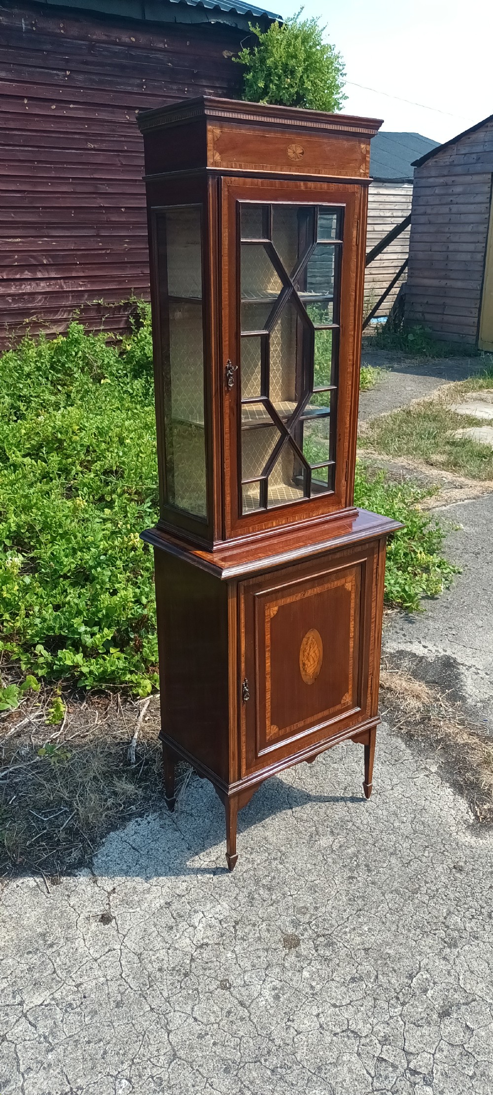 Edwardian inlaid mahogany 2 part display cabinet.  View VI