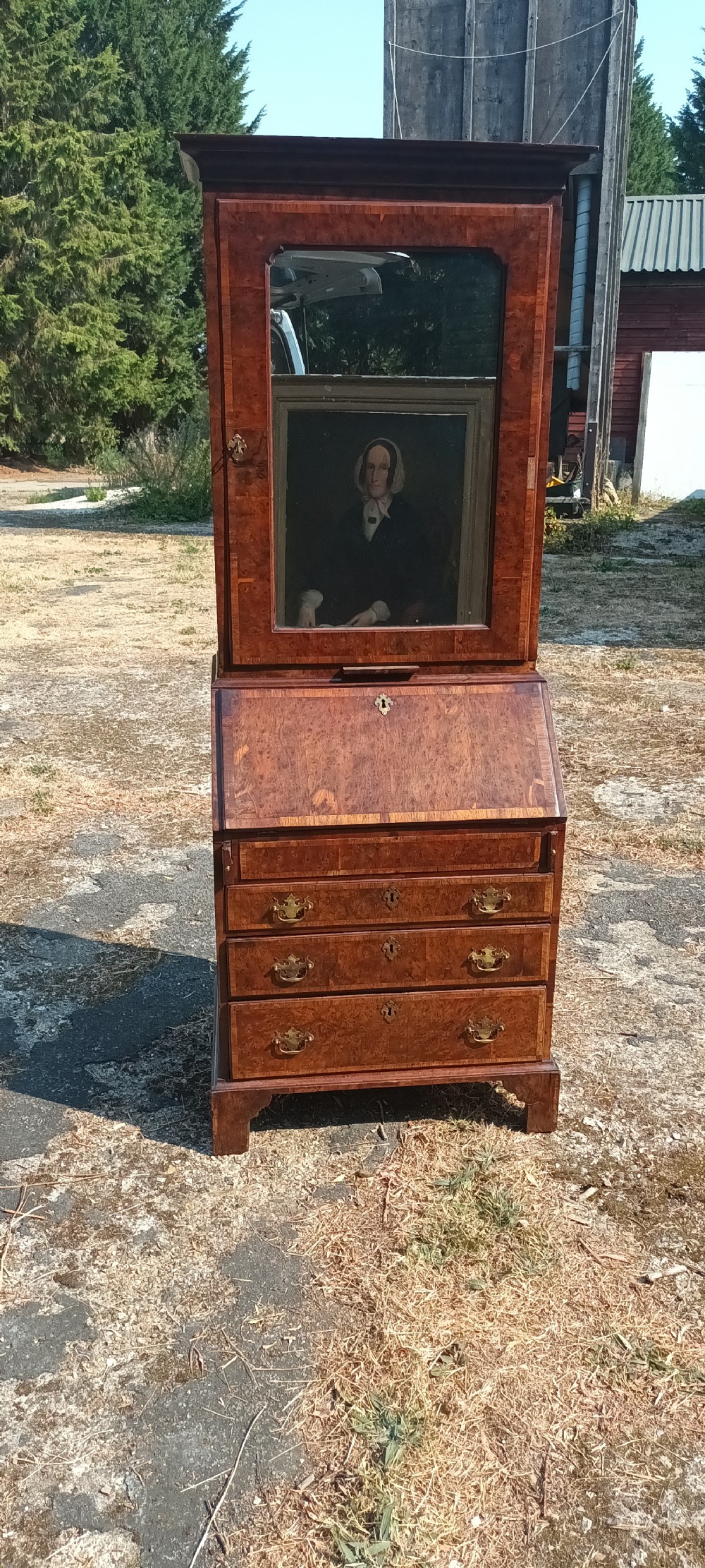 Early 18th century burr yew and red walnut bureau bookcase. 