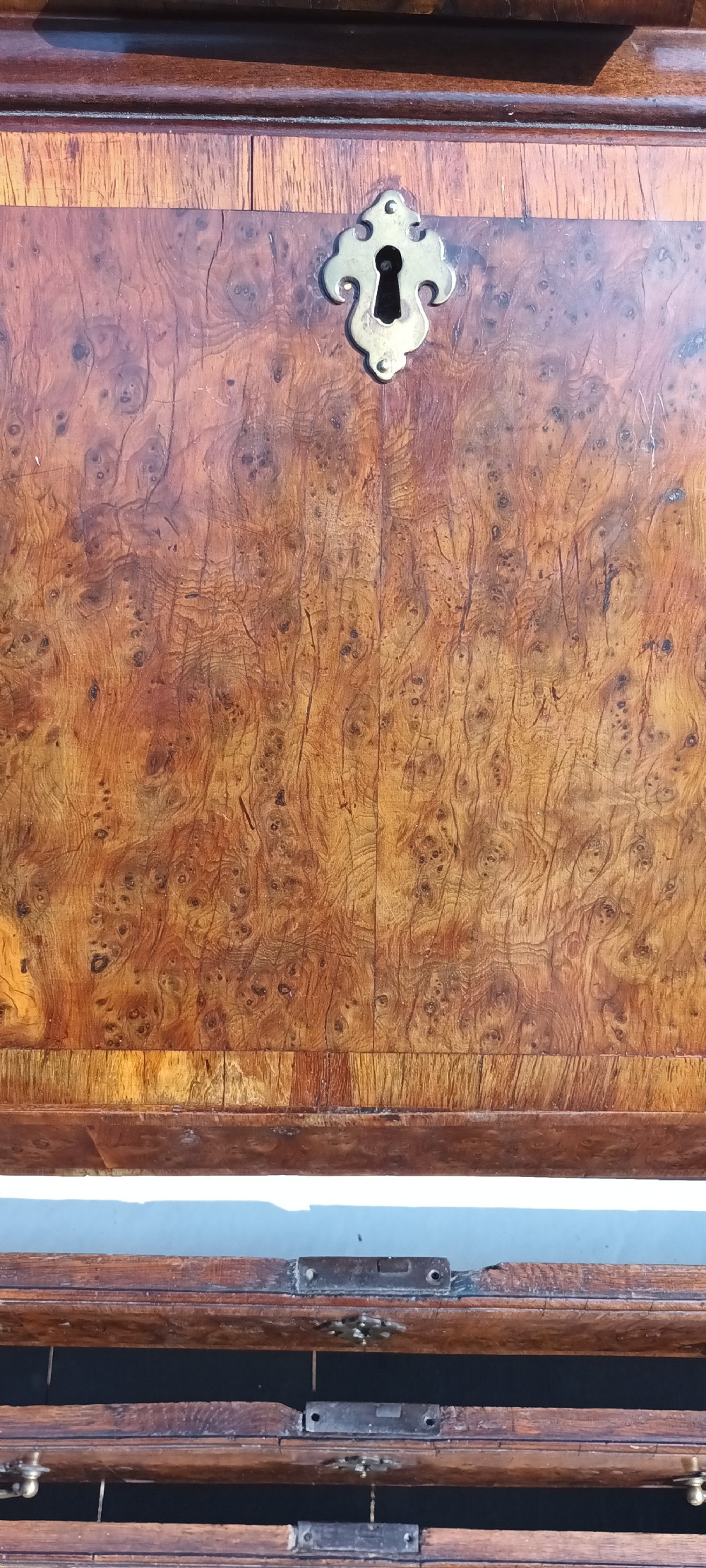 Early 18th century burr yew and red walnut bureau bookcase.  View II