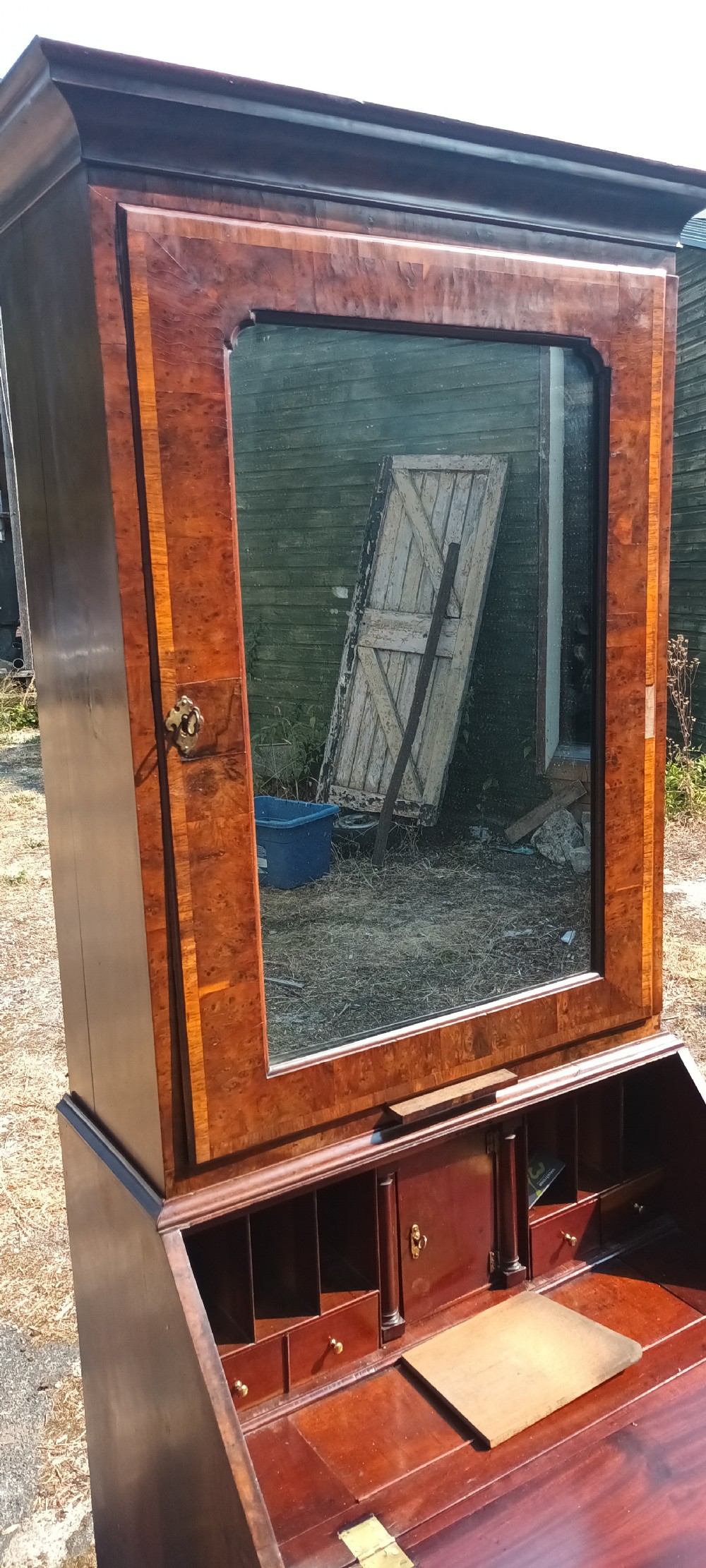Early 18th century burr yew and red walnut bureau bookcase.  View III