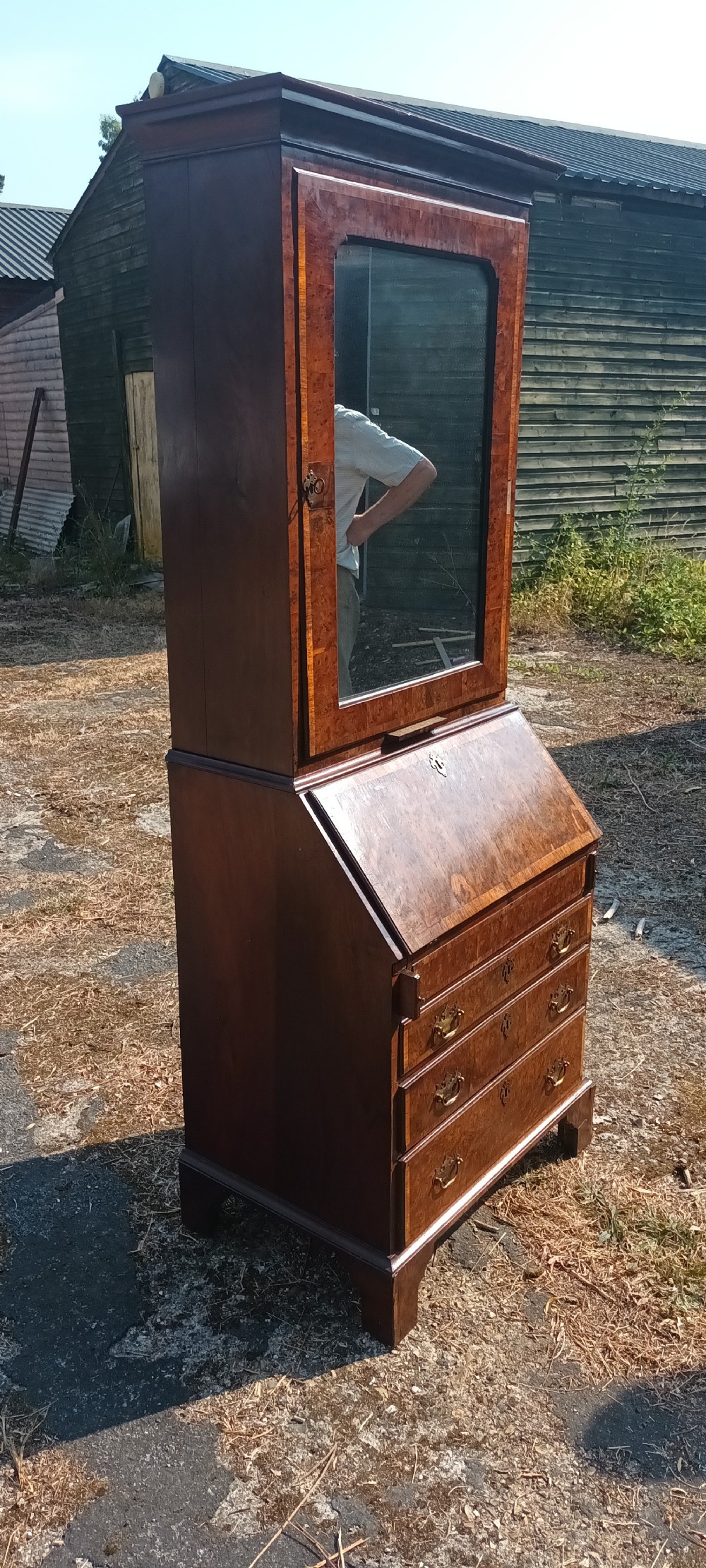 Early 18th century burr yew and red walnut bureau bookcase.  View IV