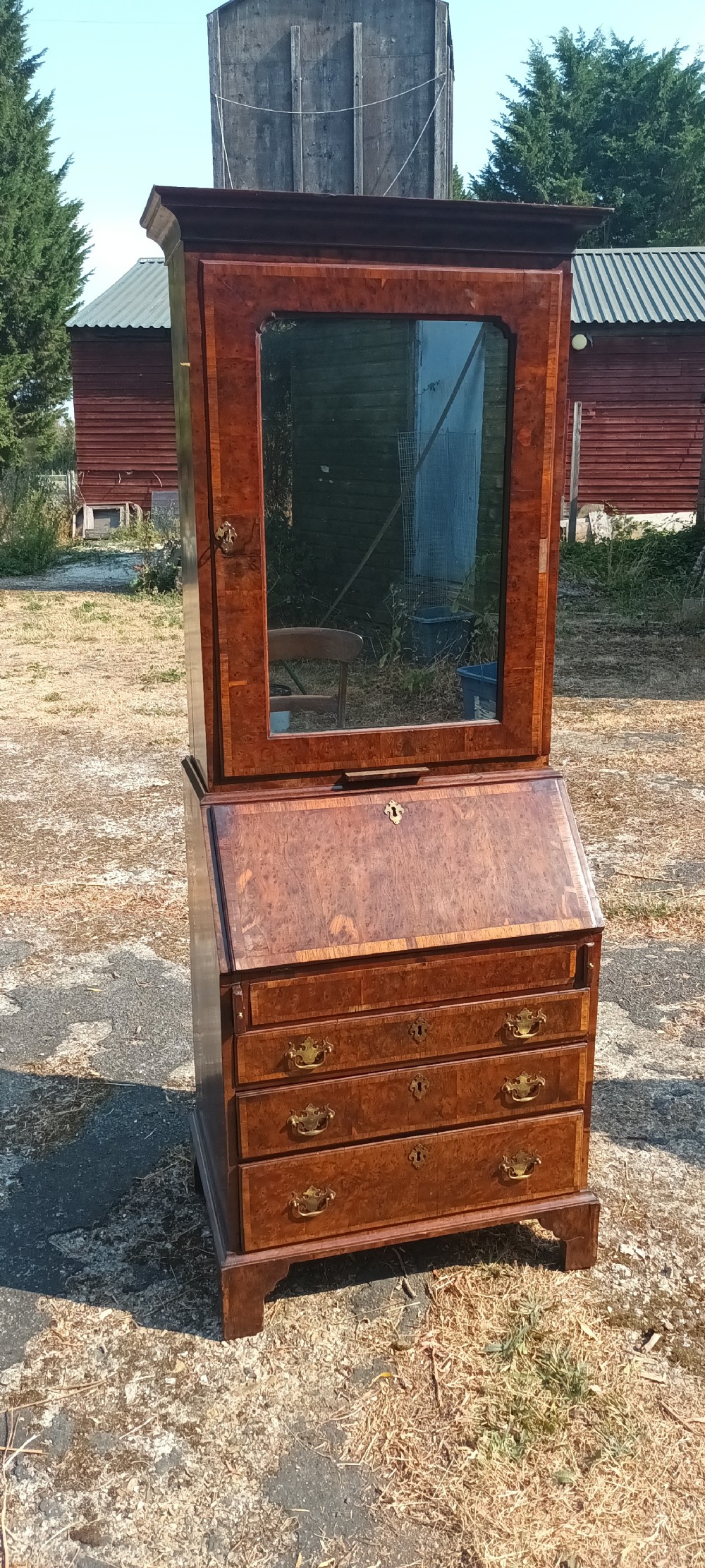 Early 18th century burr yew and red walnut bureau bookcase.  View VI