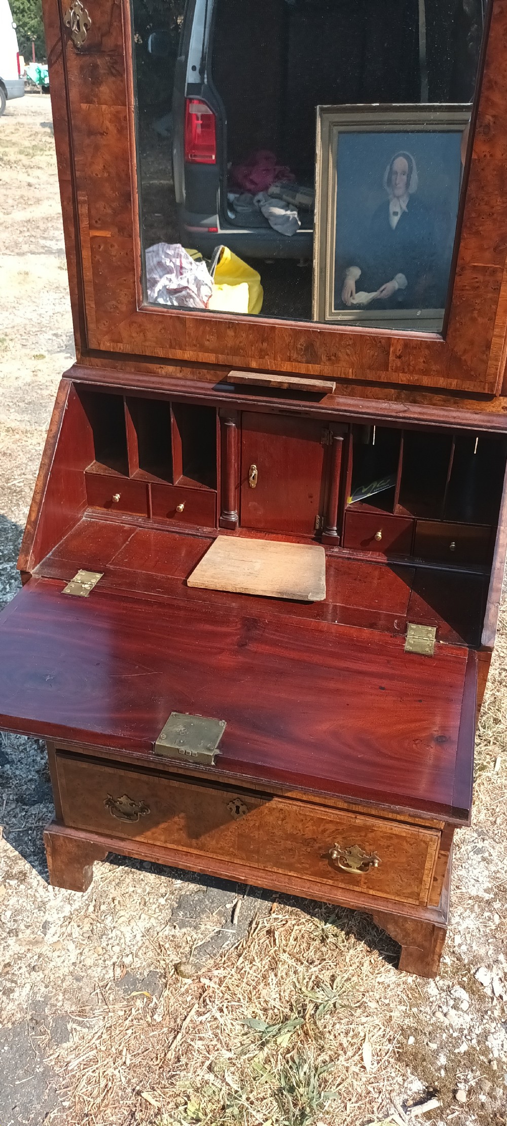 Early 18th century burr yew and red walnut bureau bookcase.  View VII