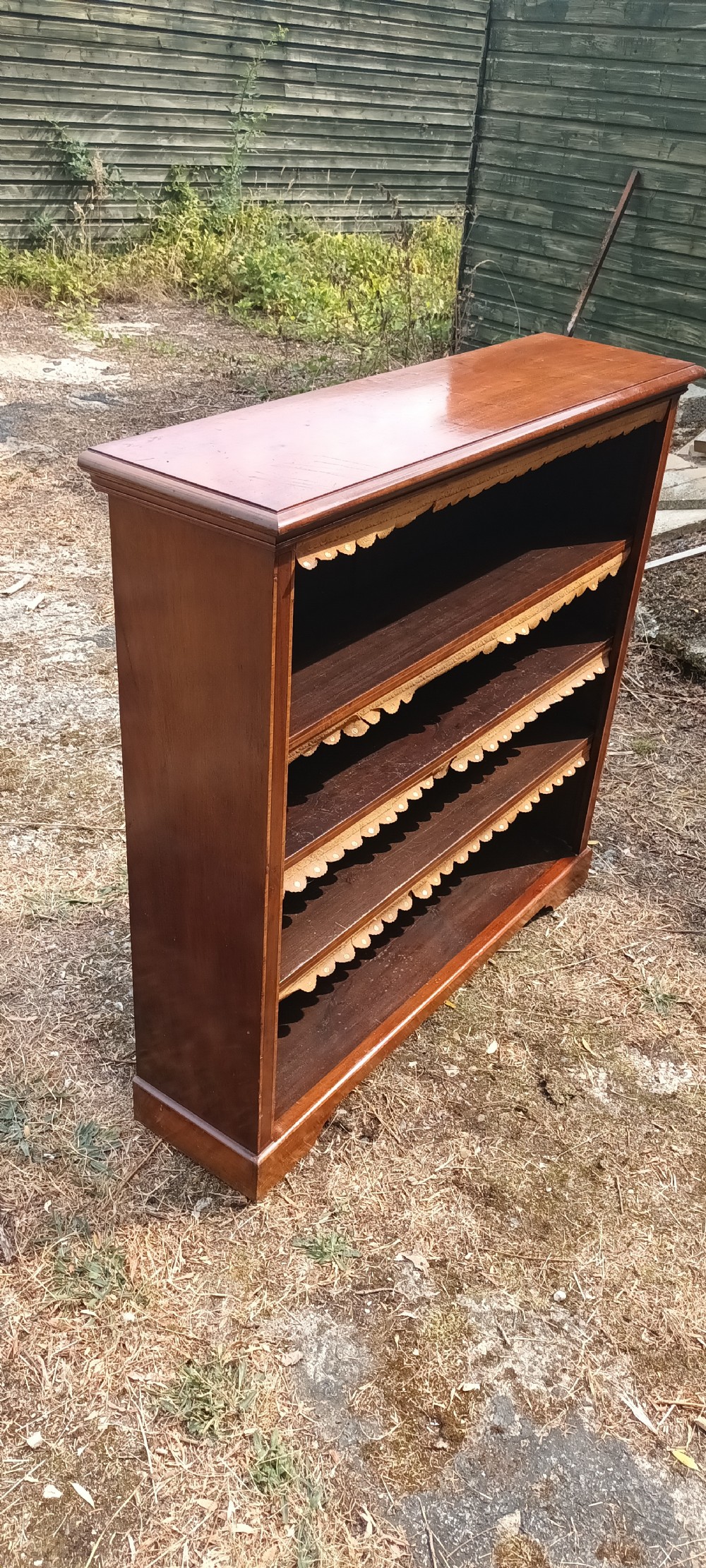 Edwardian inlaid mahogany open front bookcase.  View II