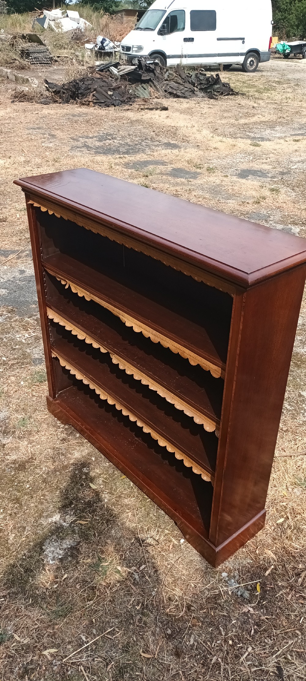 Edwardian inlaid mahogany open front bookcase.  View III