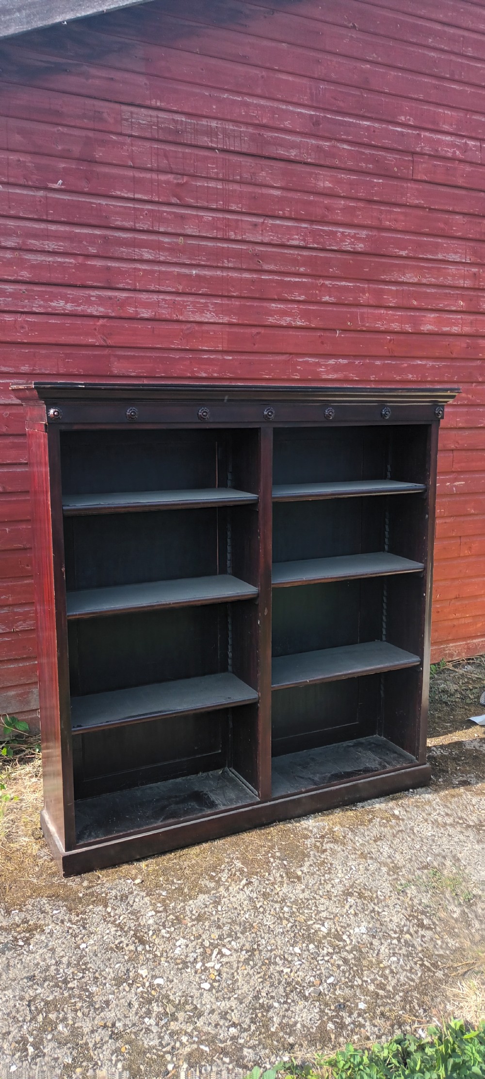 Practical mahogany open front bookcase.  View V