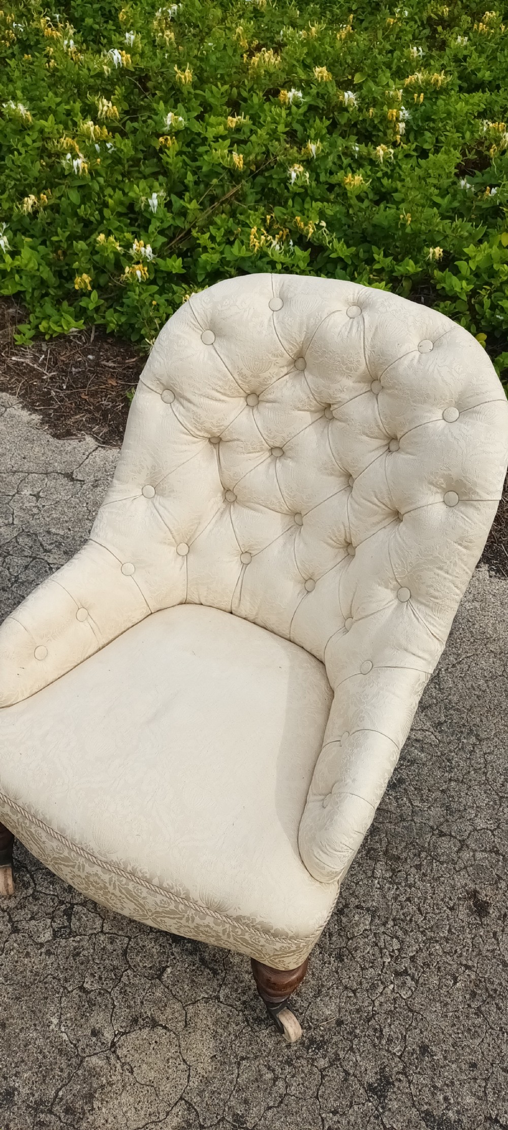 Victorian upholstered button back bedroom chair. View III