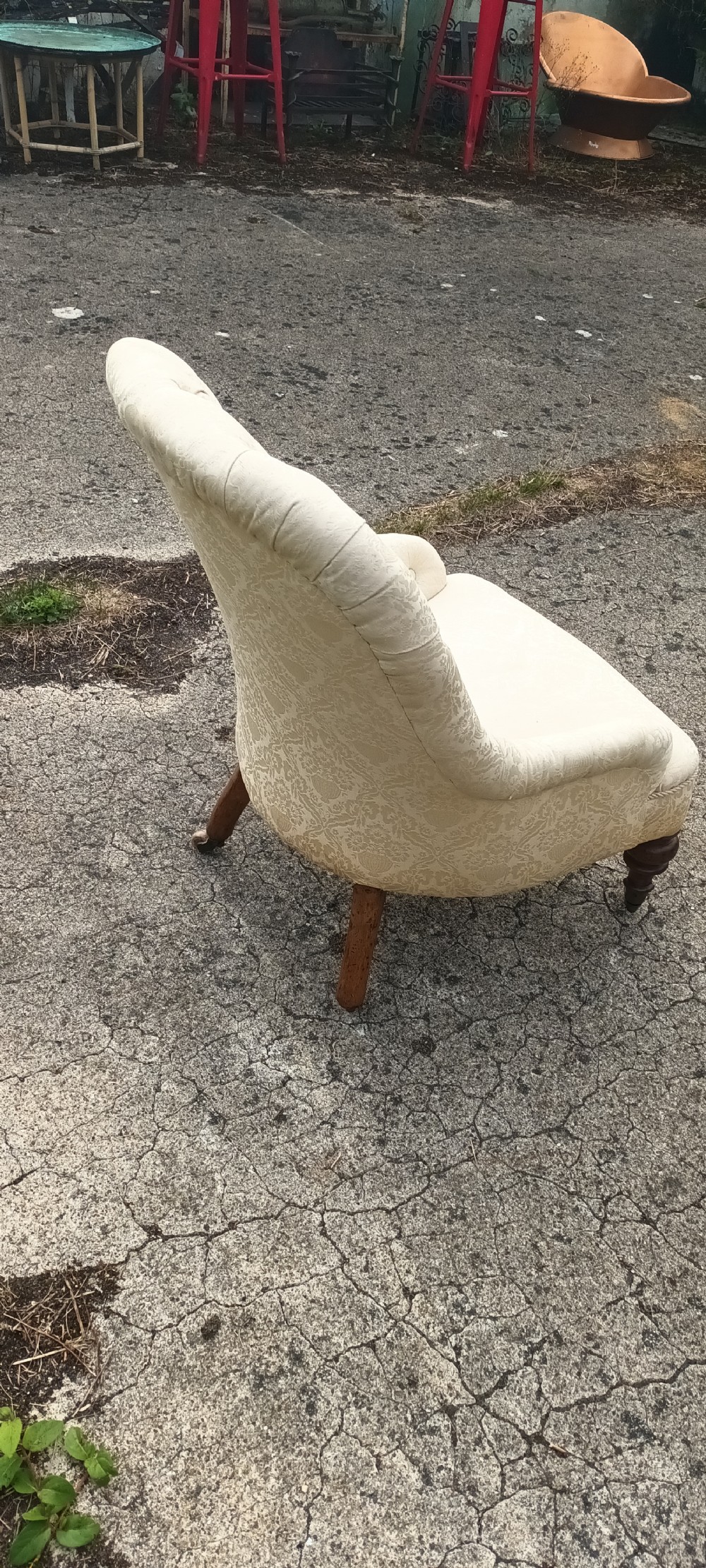 Victorian upholstered button back bedroom chair. View V