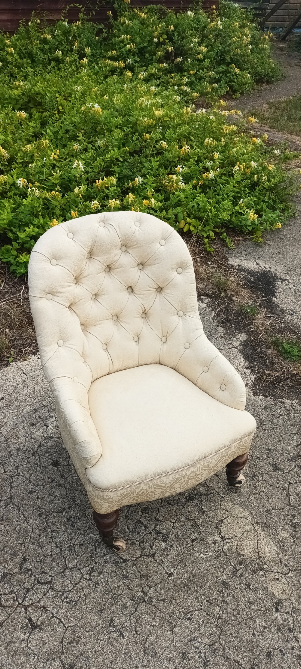 Victorian upholstered button back bedroom chair. View VI