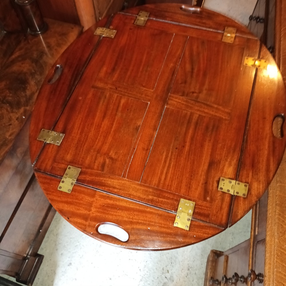 Early 19th century mahogany butlers tray on stand. View II