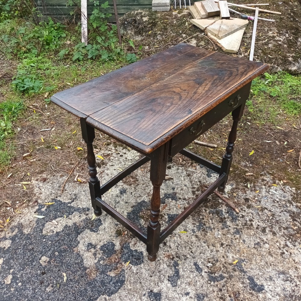 18th century oak single drawer side table. View II