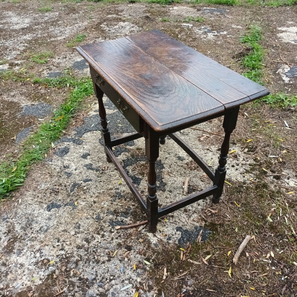 18th century oak single drawer side table. View VI