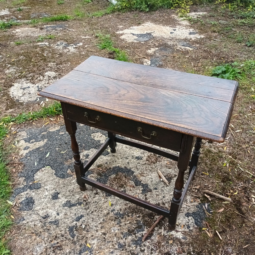 18th century oak single drawer side table. View VII
