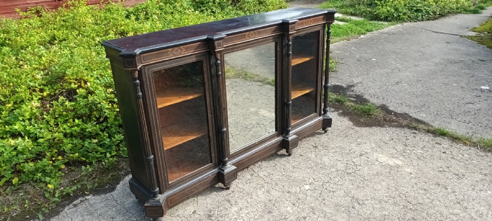 Victorian inlaid ebonised 3 door cabinet.  View III