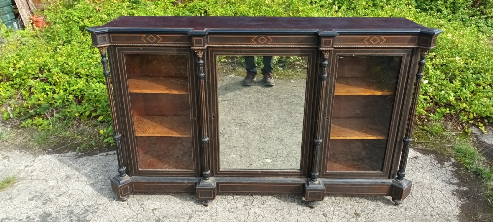 Victorian inlaid ebonised 3 door cabinet.  View V