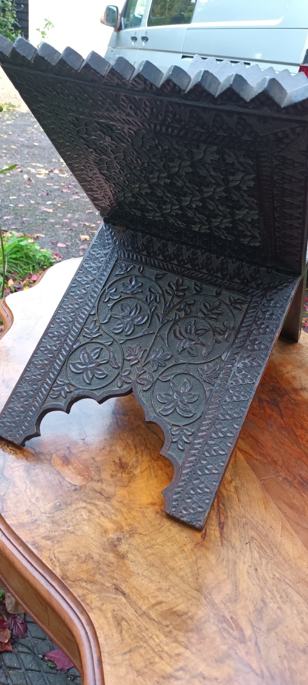 Nicely carved folding Eastern Koran stand. View III