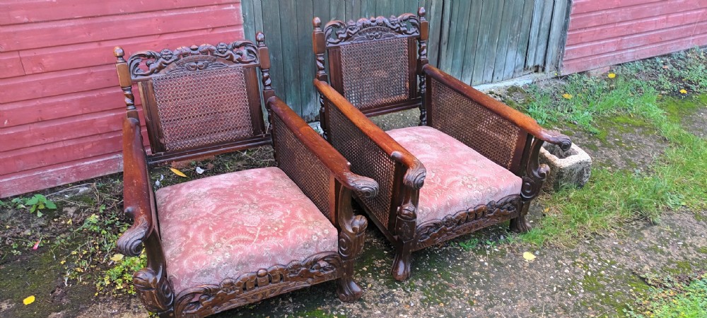 Pair of carved Mahogany framed bergere armchairs.  View IV