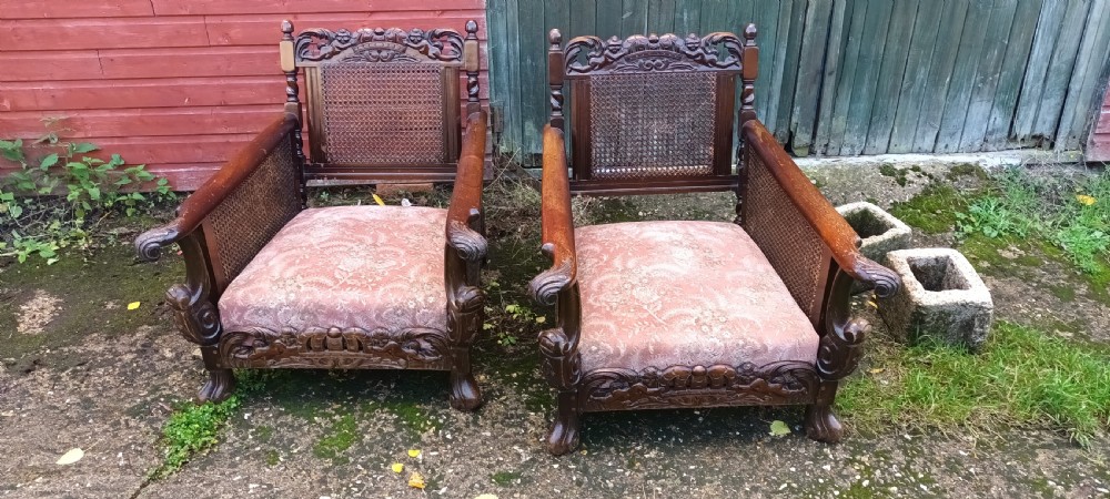 Pair of carved Mahogany framed bergere armchairs.  View V