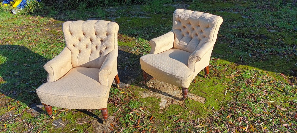 Matched pair of Victorian upholstered bedroom chairs. View II