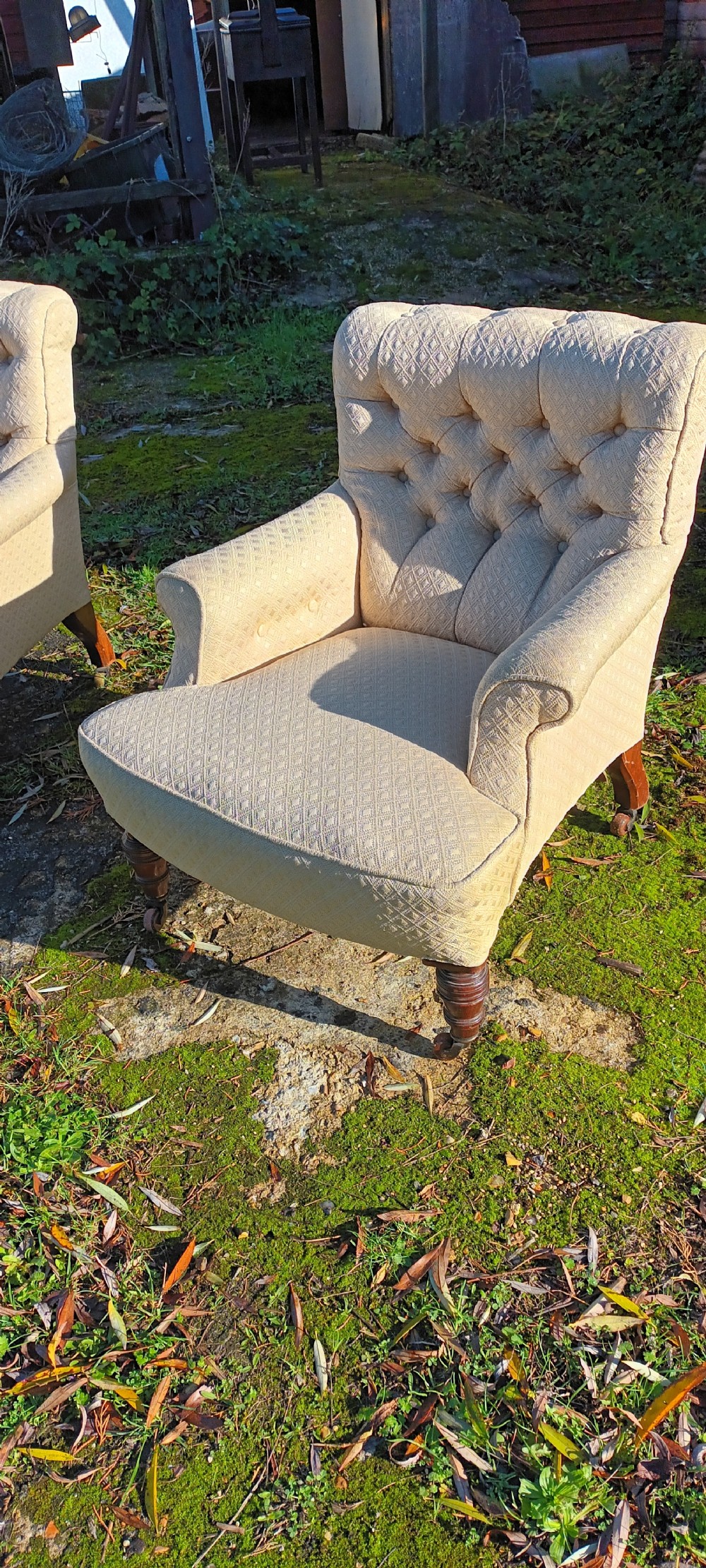 Matched pair of Victorian upholstered bedroom chairs. View IV