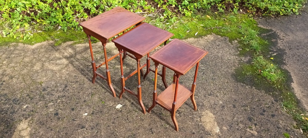 Edwardian nest of 3 inlaid mahogany tables. View III