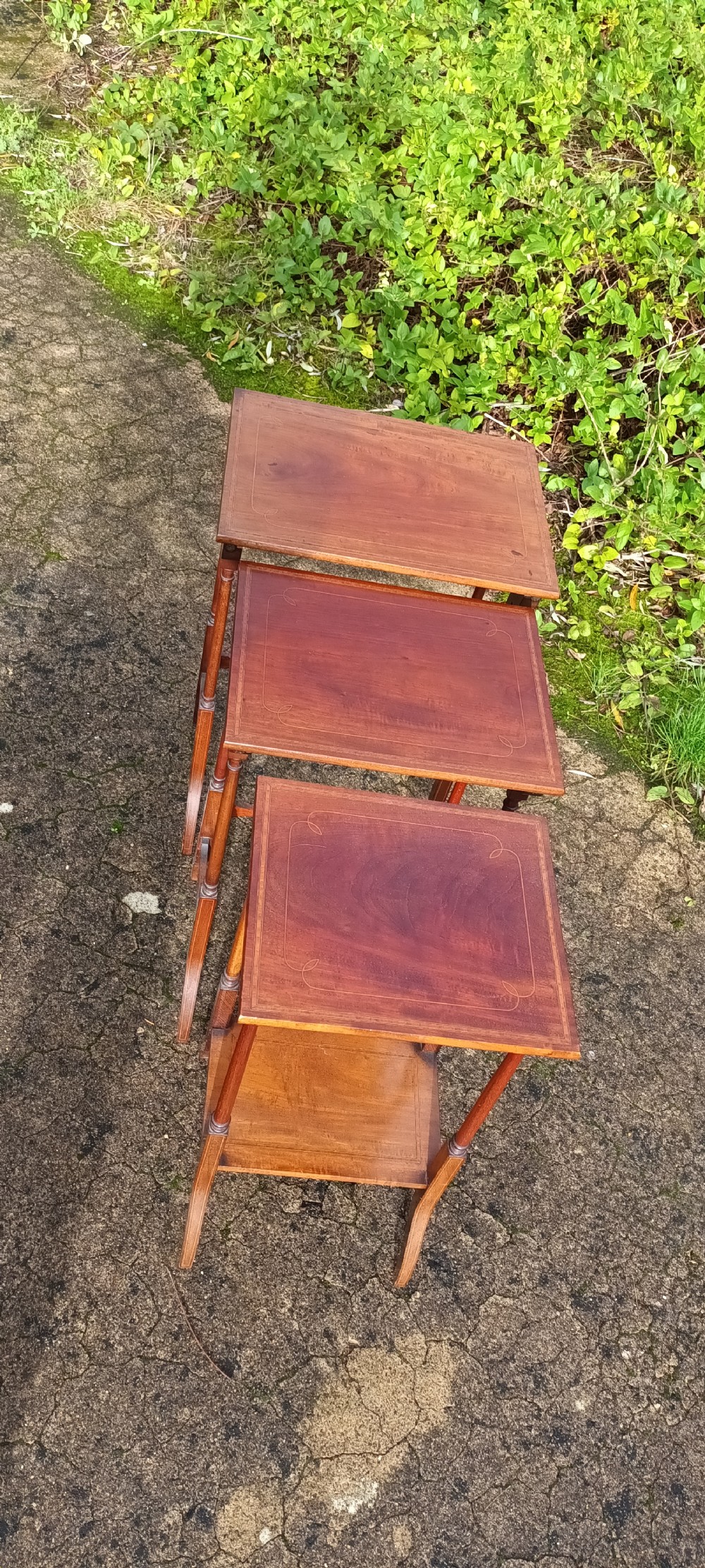 Edwardian nest of 3 inlaid mahogany tables. View V