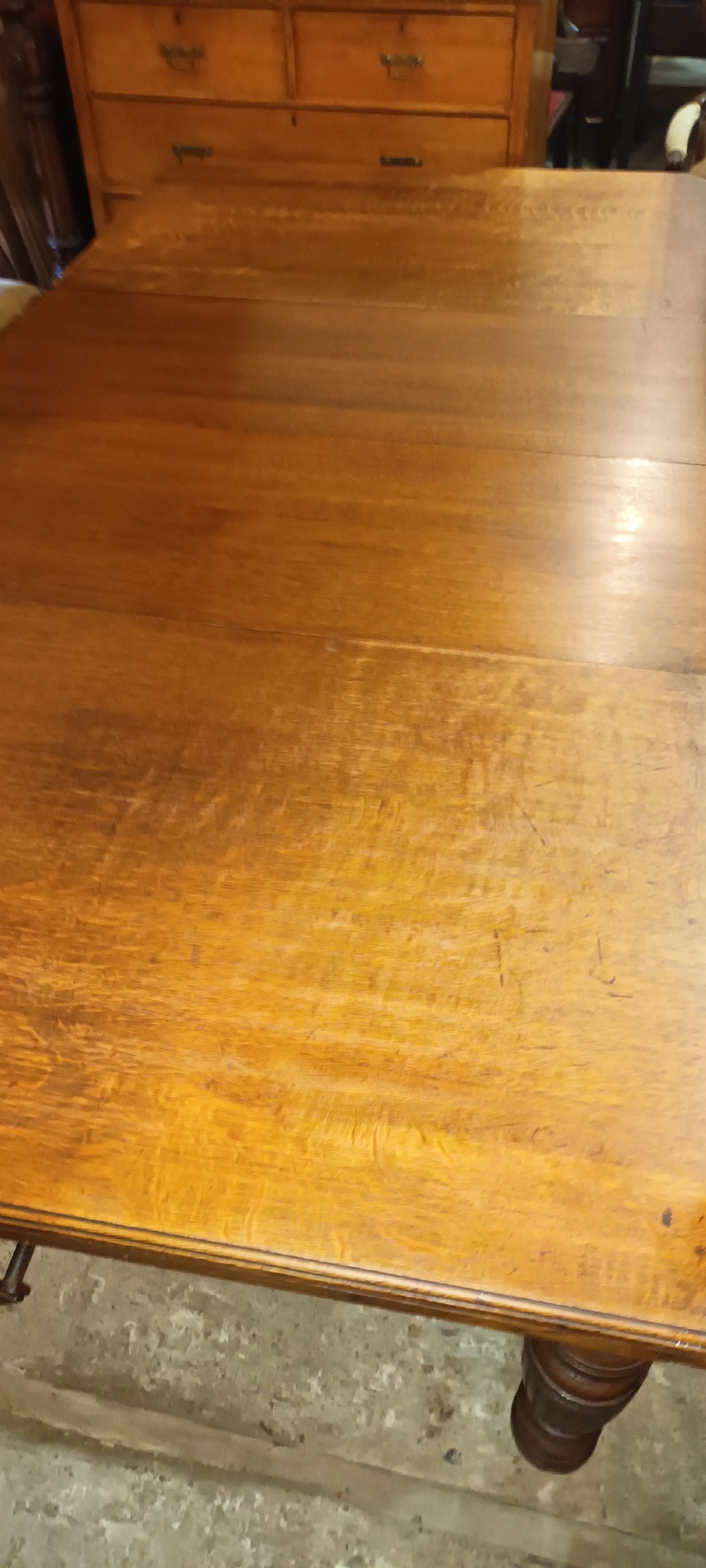 Late Victorian oak 2 leaf extending dining table.  View VIII