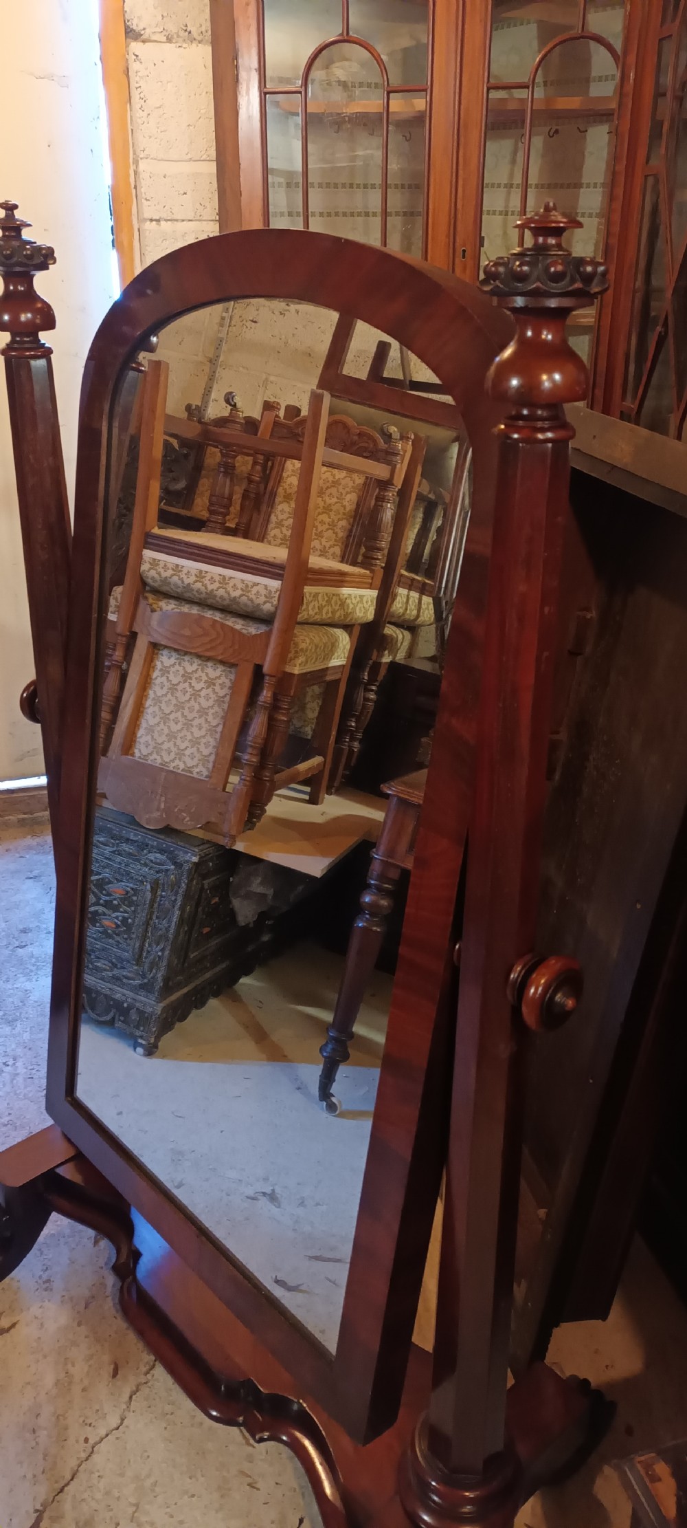 Mahogany cheval dressing mirror.  View III