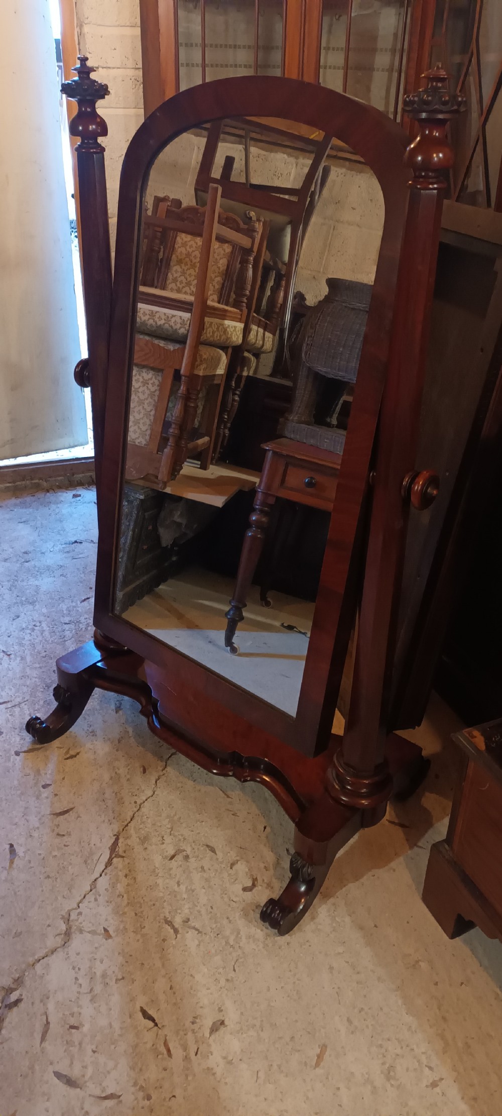 Mahogany cheval dressing mirror.  View IV