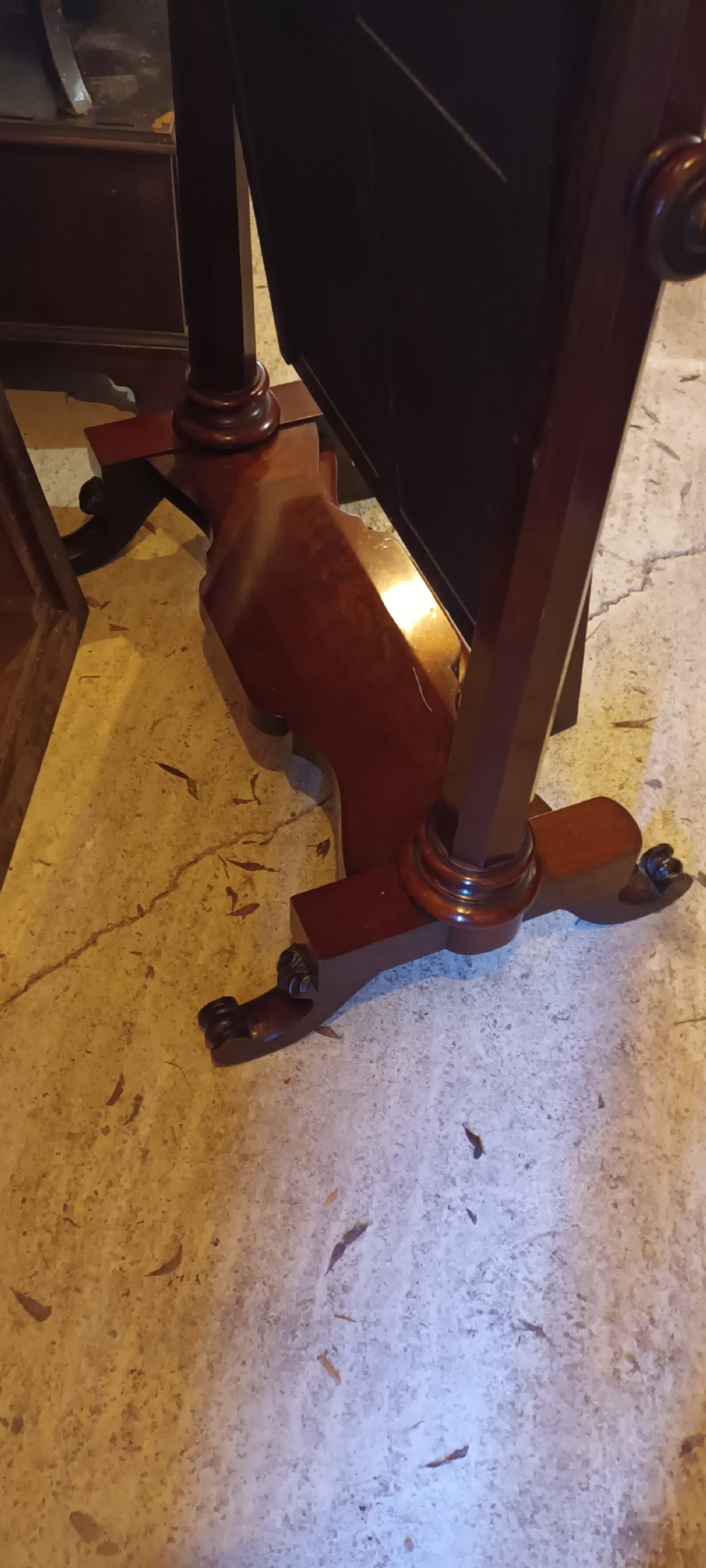 Mahogany cheval dressing mirror.  View VI