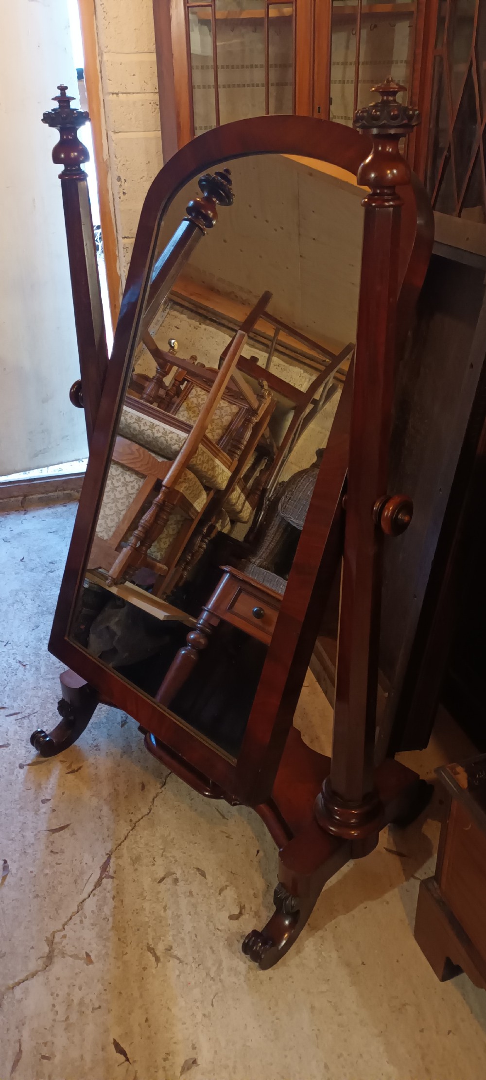 Mahogany cheval dressing mirror.  View IX