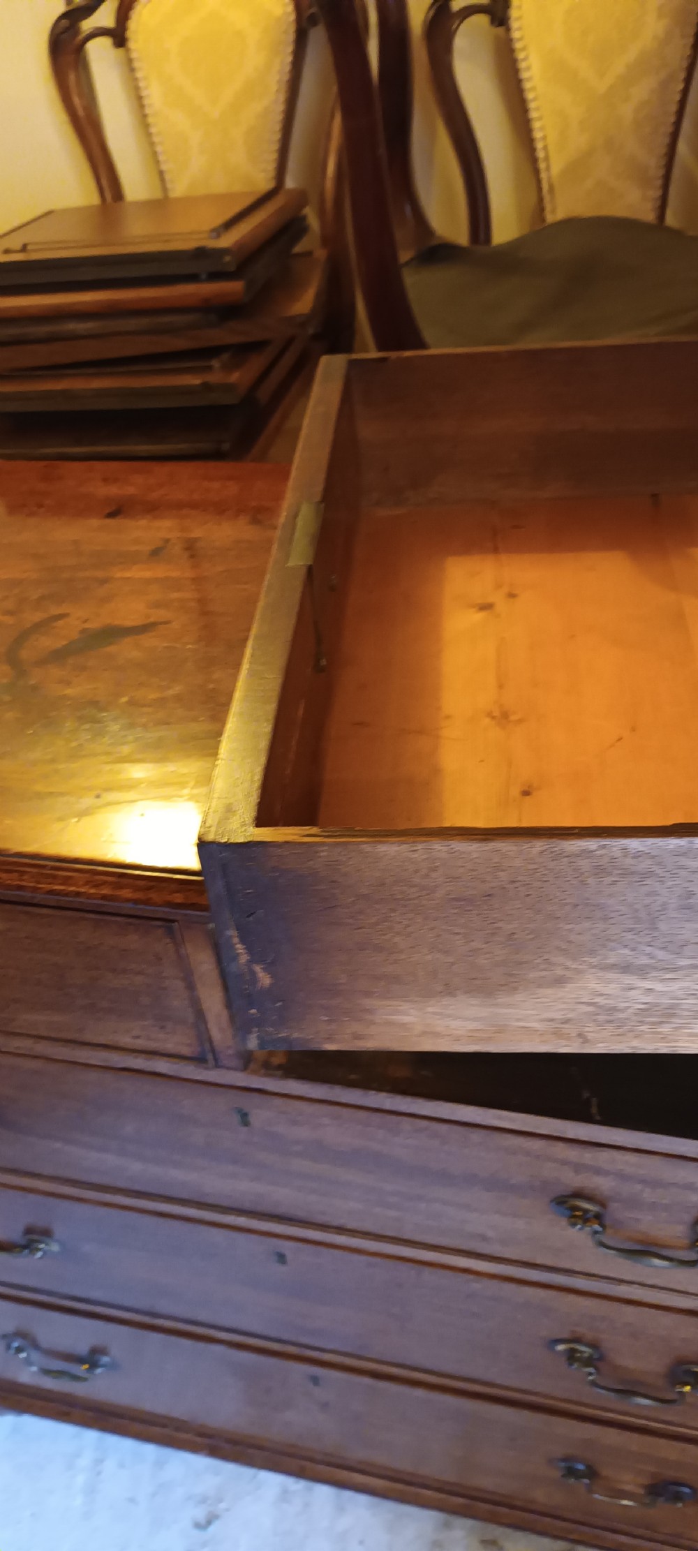 Good original and practical late Georgian mahogany chest of drawers.  View V