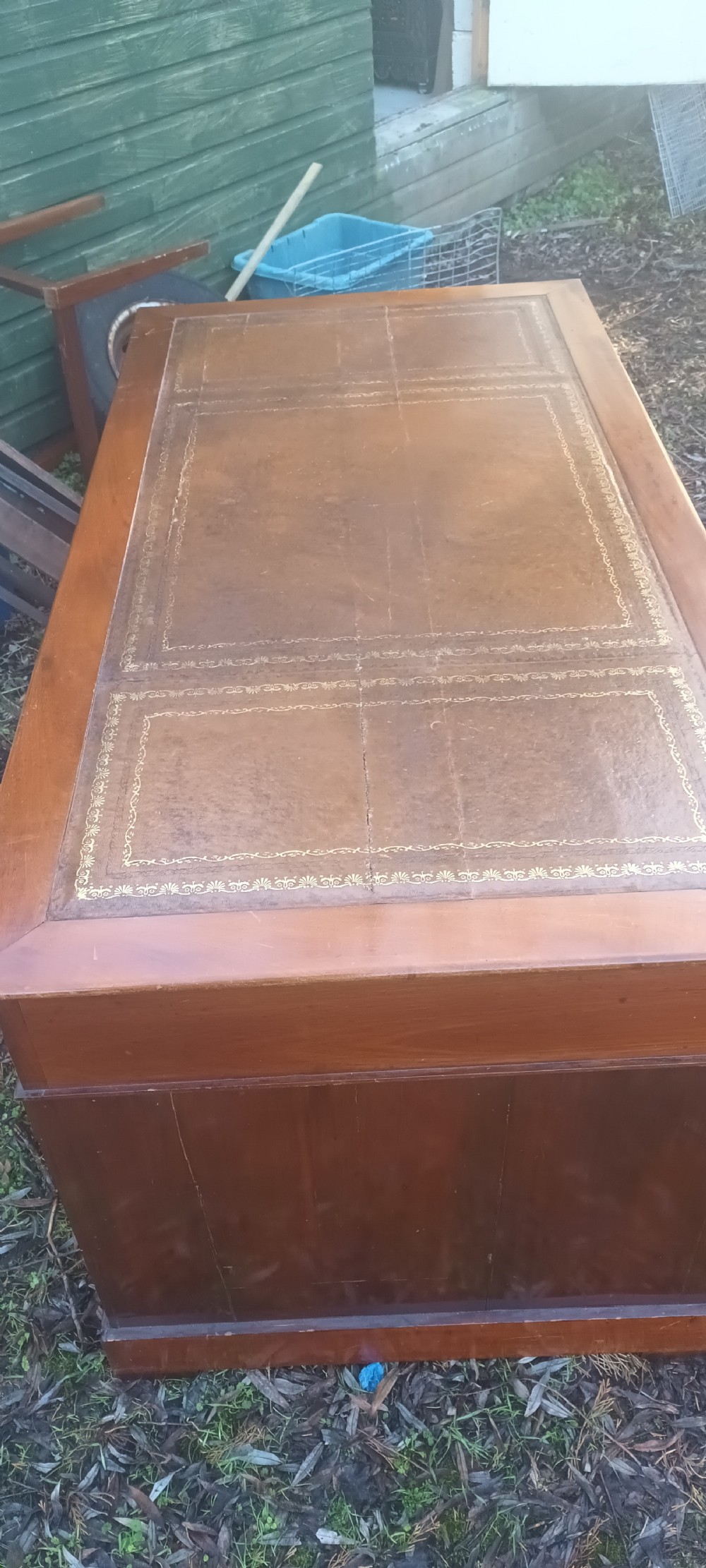 Large late Victorian mahogany kneehole 3 part pedestal desk  View II