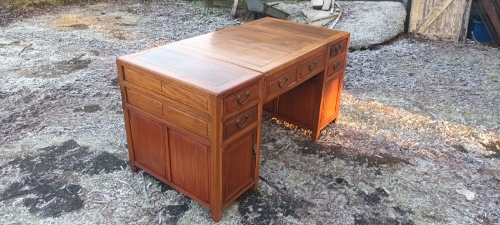 Large Chinese panelled pedestal desk.  View V