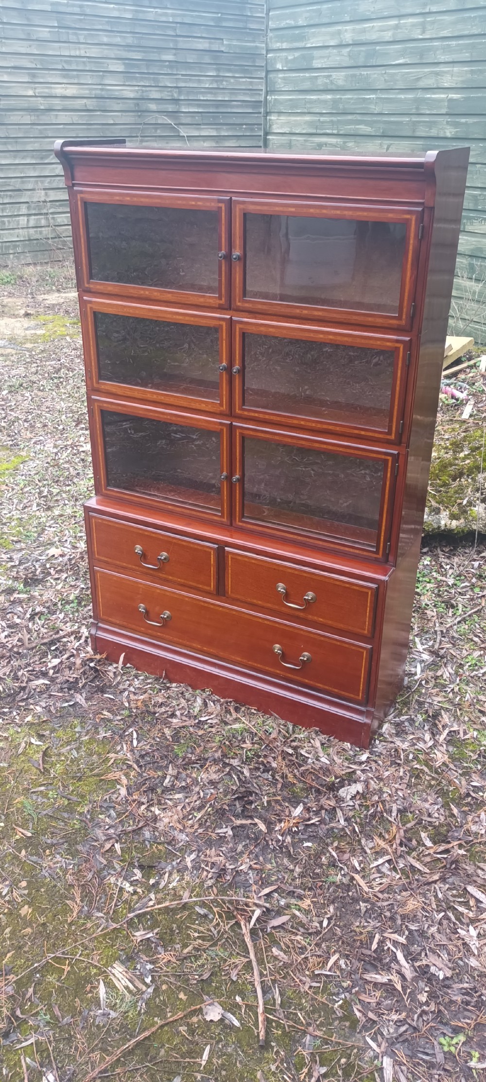 Inlaid mahogany sectional Minty bookcase cabinet.  View II