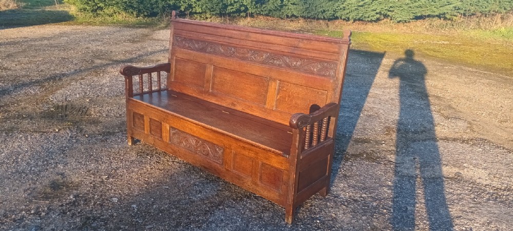 Large Victorian 6 foot panelled oak hall seat with lift up seat. View II