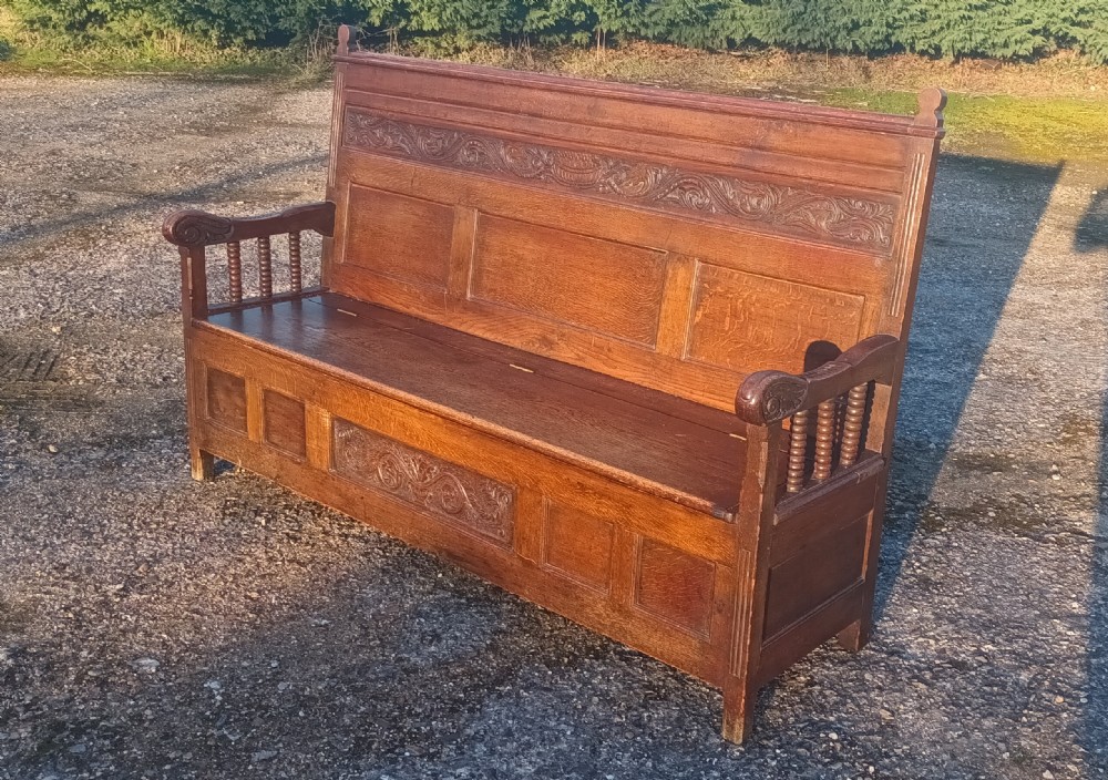 Large Victorian 6 foot panelled oak hall seat with lift up seat. View III