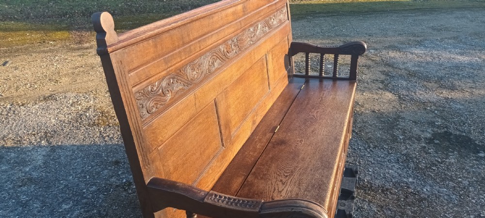 Large Victorian 6 foot panelled oak hall seat with lift up seat. View V