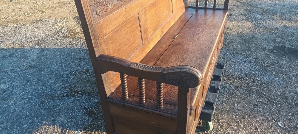 Large Victorian 6 foot panelled oak hall seat with lift up seat. View X