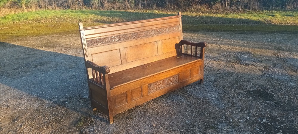 Large Victorian 6 foot panelled oak hall seat with lift up seat. View XII