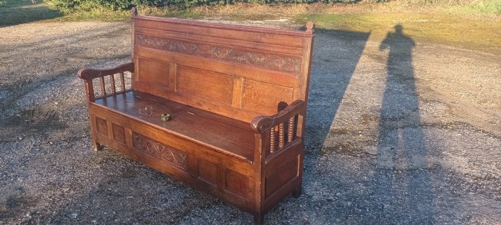 Large Victorian 6 foot panelled oak hall seat with lift up seat. View XIII