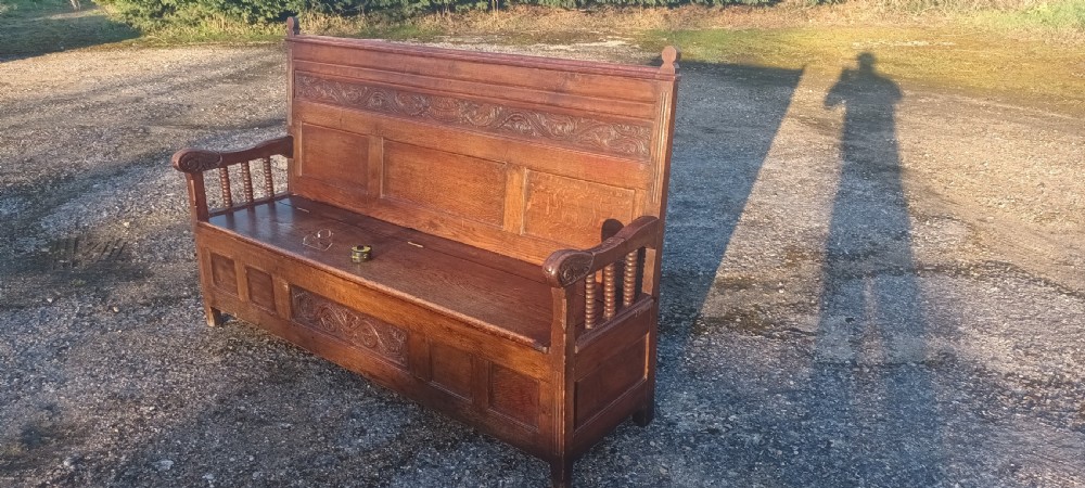 Large Victorian 6 foot panelled oak hall seat with lift up seat. View XIV