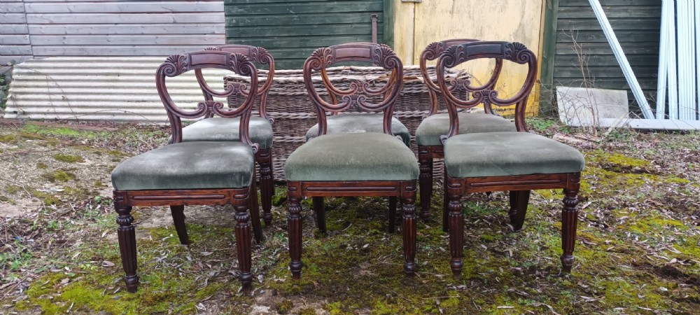 A set of six dark mahogany Regency dining chairs featuring scroll-carved open backs and green velvet upholstered seats. View III