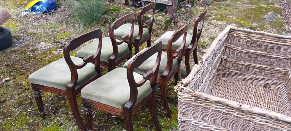 A set of six dark mahogany Regency dining chairs featuring scroll-carved open backs and green velvet upholstered seats. View IV