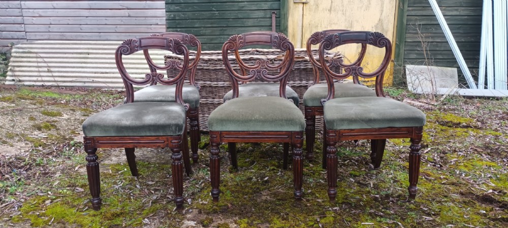 A set of six dark mahogany Regency dining chairs featuring scroll-carved open backs and green velvet upholstered seats. View V