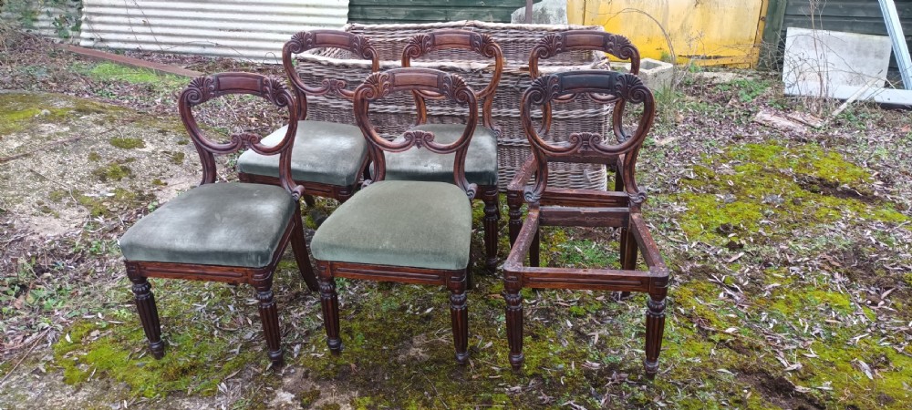 A set of six dark mahogany Regency dining chairs featuring scroll-carved open backs and green velvet upholstered seats. View IX