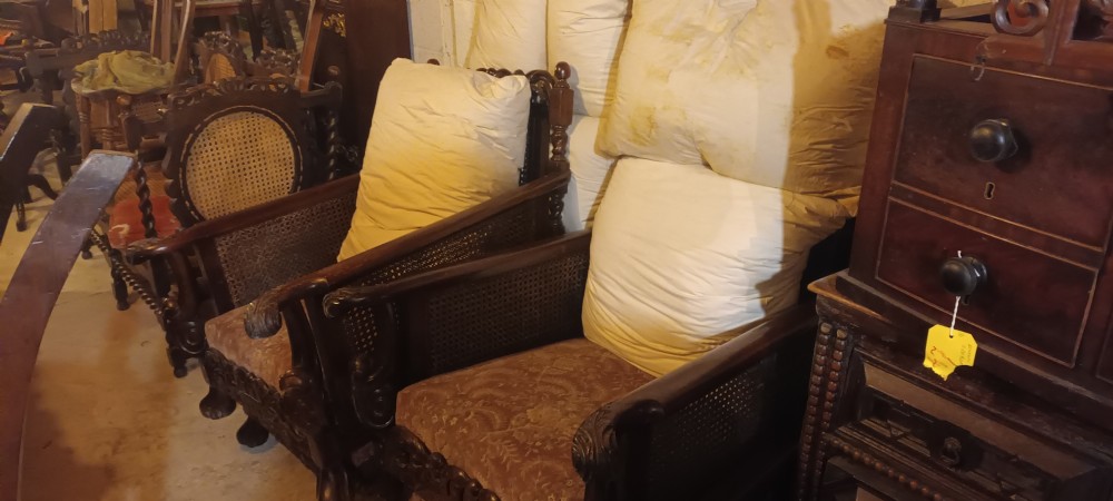 Pair of carved Mahogany framed bergere armchairs.  View VI