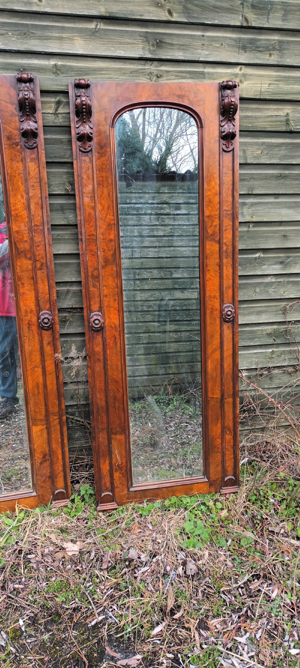 Pair of Victorian walnut hall mirrors.  View III